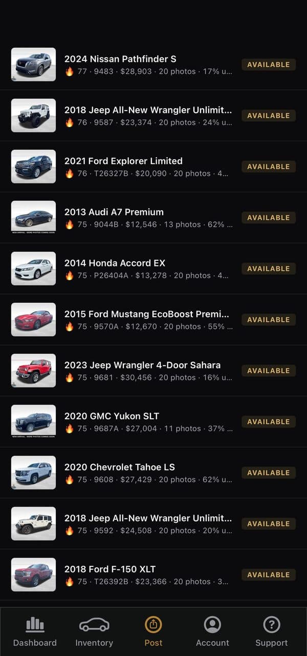 Lot Linker inventory screen listing available vehicles with prices and photo counts