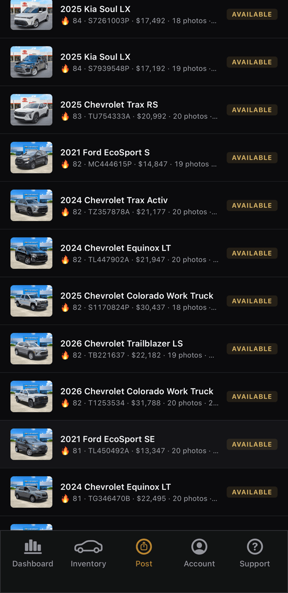 Lot Linker inventory screen listing available vehicles with prices and photo counts