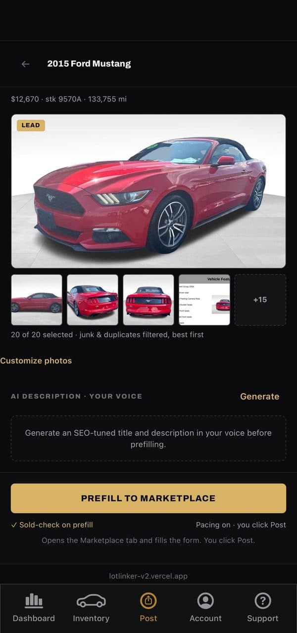 Lot Linker vehicle screen with curated photos, AI description, and a Prefill to Marketplace button