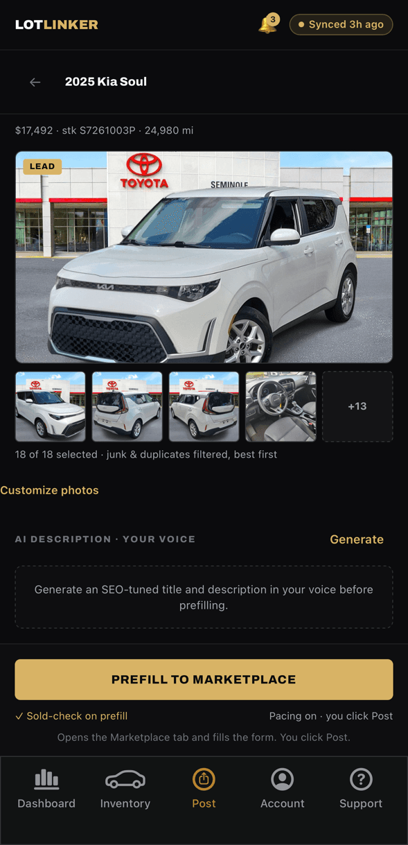 Lot Linker vehicle screen with curated photos, AI description, and a Prefill to Marketplace button